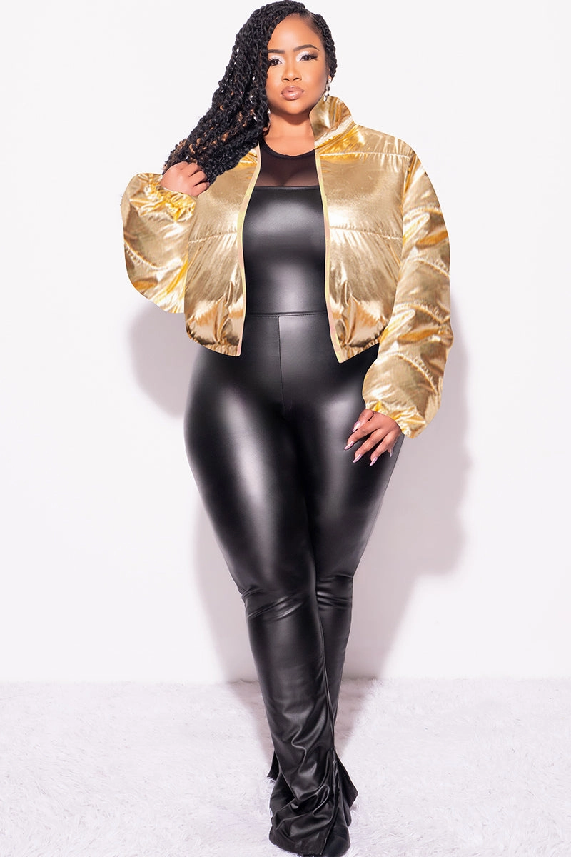 Final Sale Plus Size Shiny Crop Puffer Jacket in Gold Weekend Comfort Comfort Focused