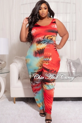 Final Sale Plus Size Sleeveless Jumpsuit in Multi Color Print Side zipper
