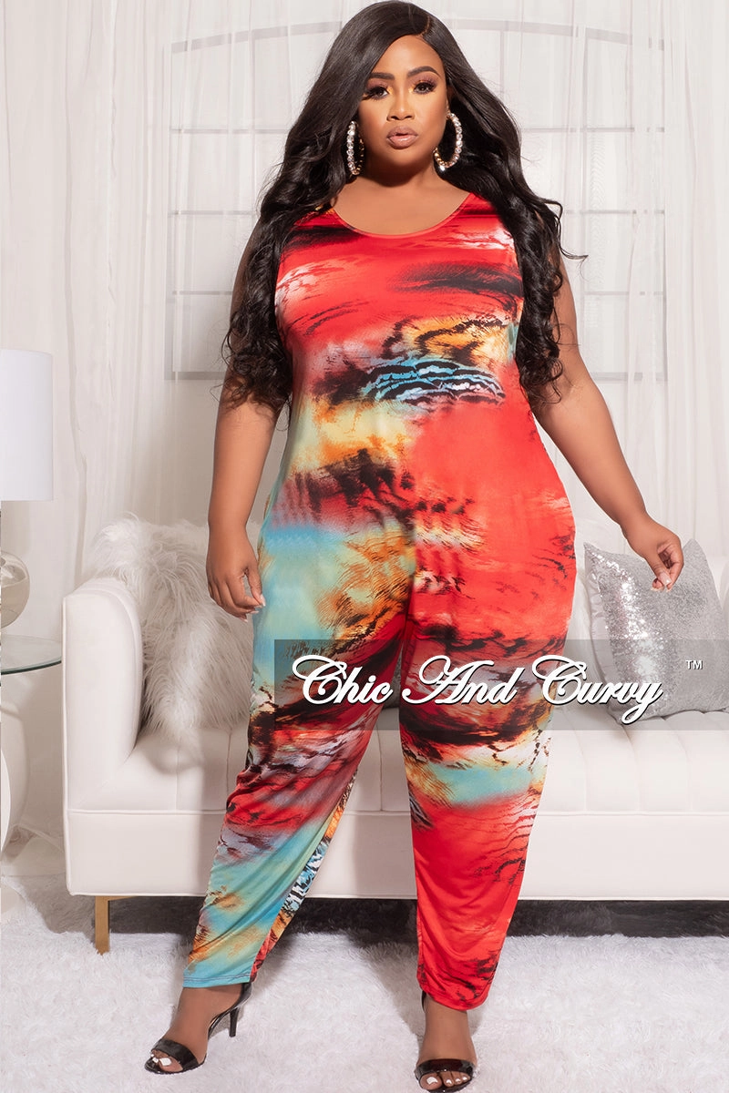 Final Sale Plus Size Sleeveless Jumpsuit in Multi Color Print Weather Flex