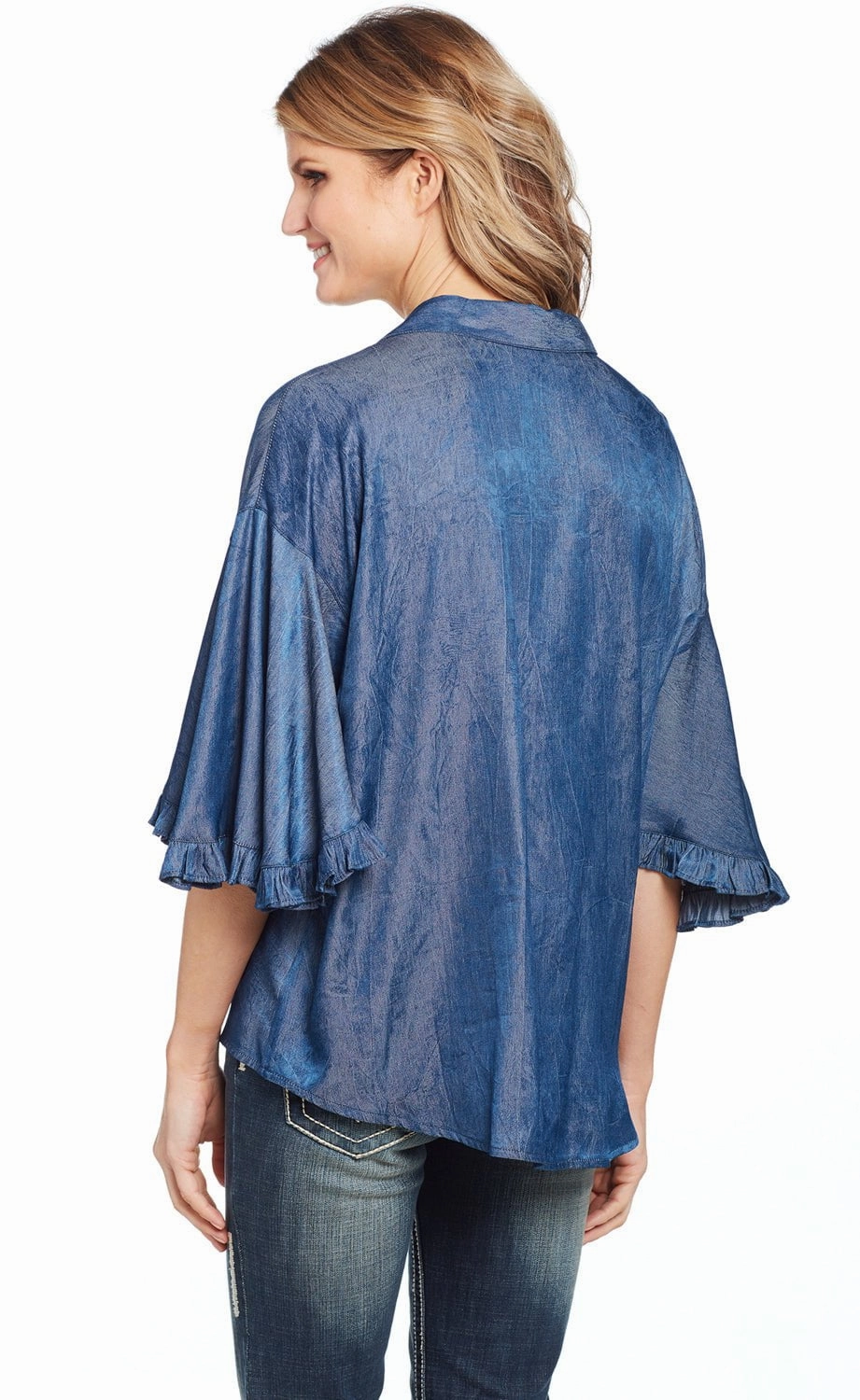 Cowgirl Up Womens Denim Polyester V-Neck Ruffle Blouse S/S Hooded Option Edgy Fashion