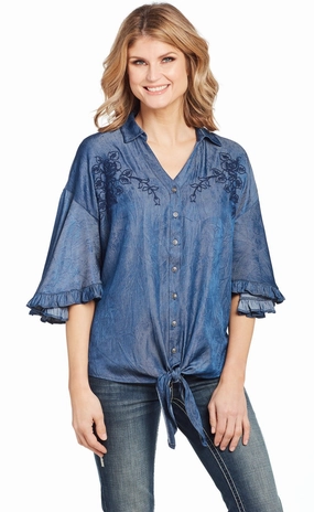 Casual Sophistication Cowgirl Up Womens Denim Polyester V-Neck Ruffle Blouse S/S