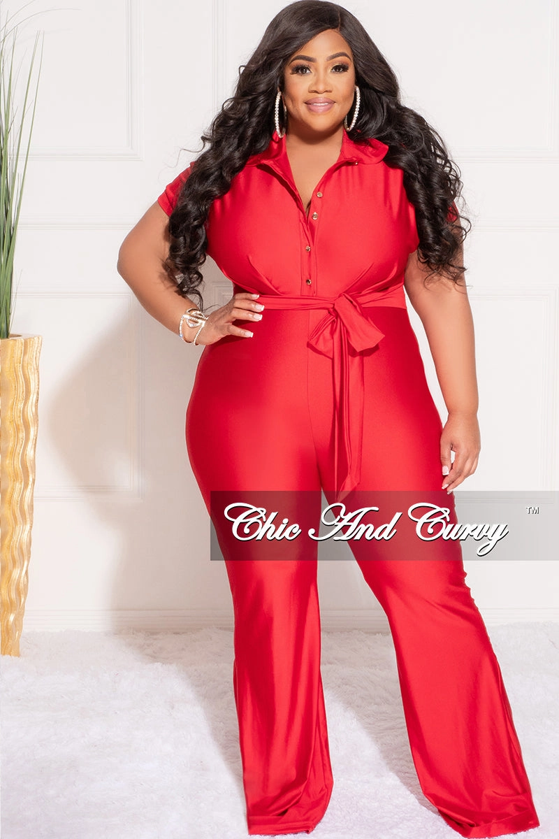 AntiStaticTreatment Final Sale Plus Size Shiny Collar Button Up Stretchy Jumpsuit in Red