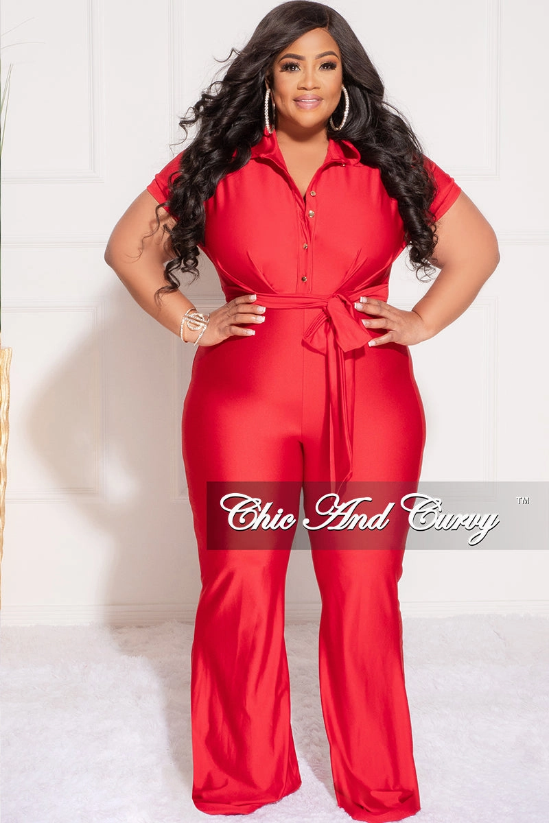 Final Sale Plus Size Shiny Collar Button Up Stretchy Jumpsuit in Red Low Profile