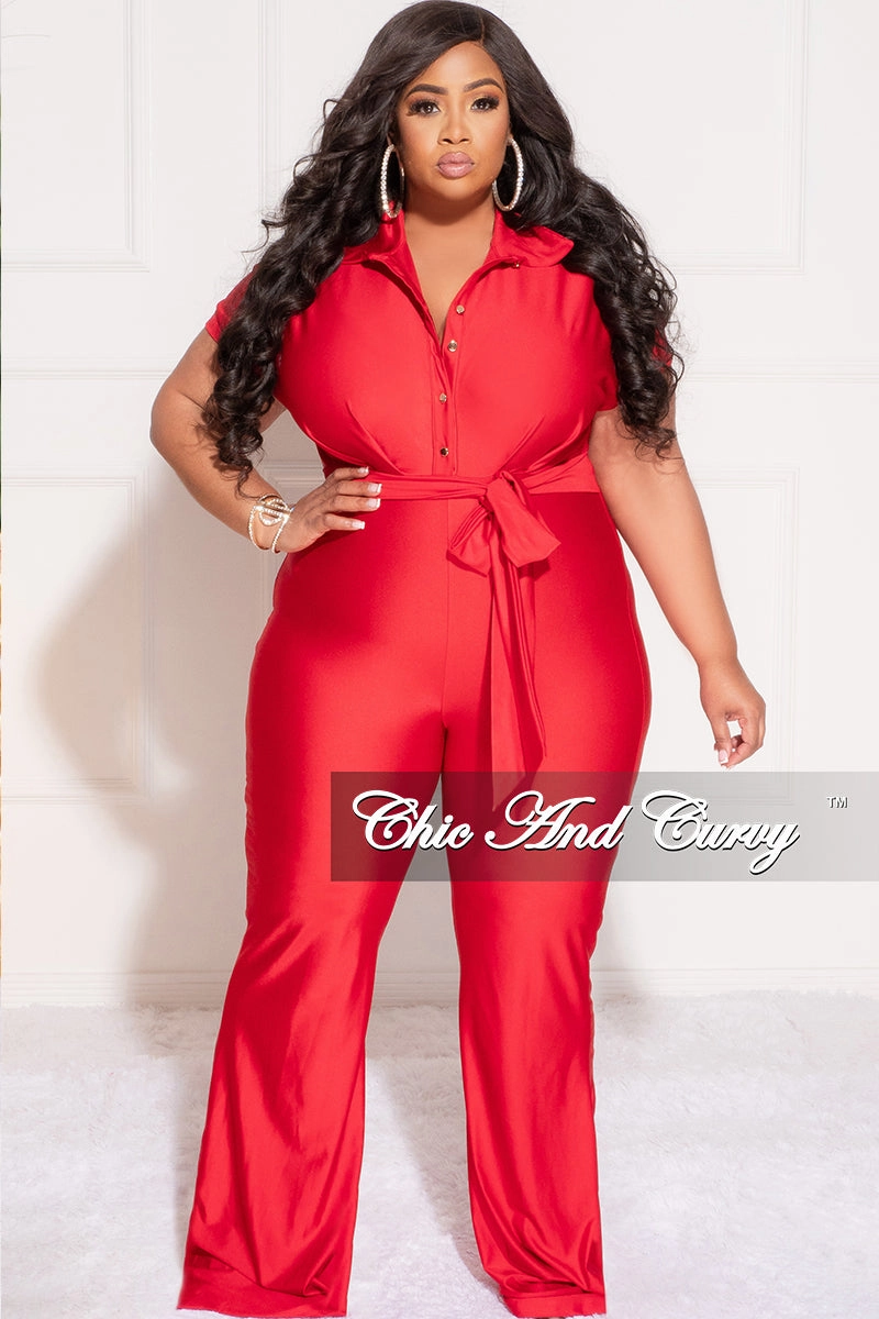 Final Sale Plus Size Shiny Collar Button Up Stretchy Jumpsuit in Red Wide fit