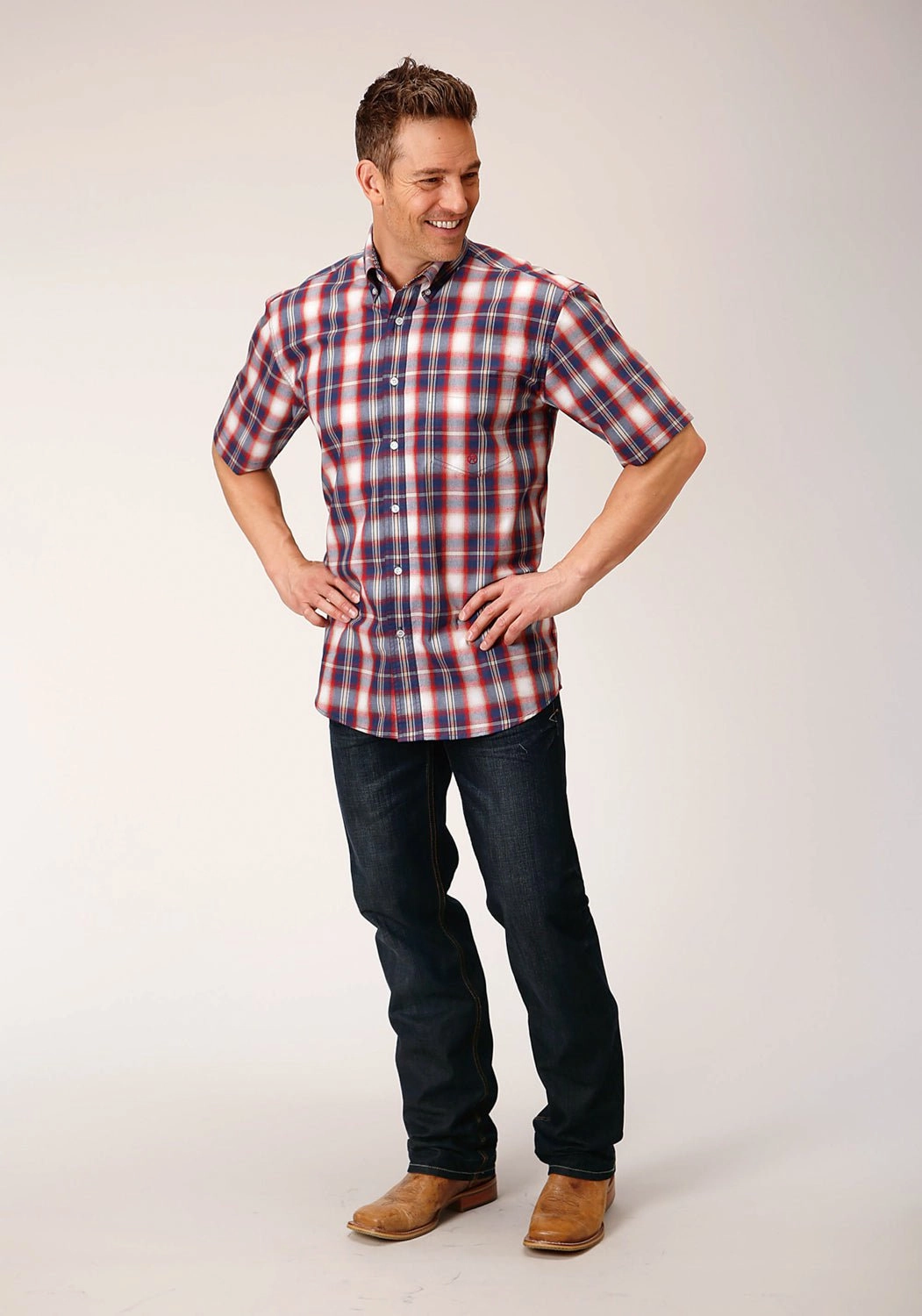 Seamless Sides Roper Mens 1553 Independence Plaid Blue 100% Cotton 1 Pkt S/S Shirt