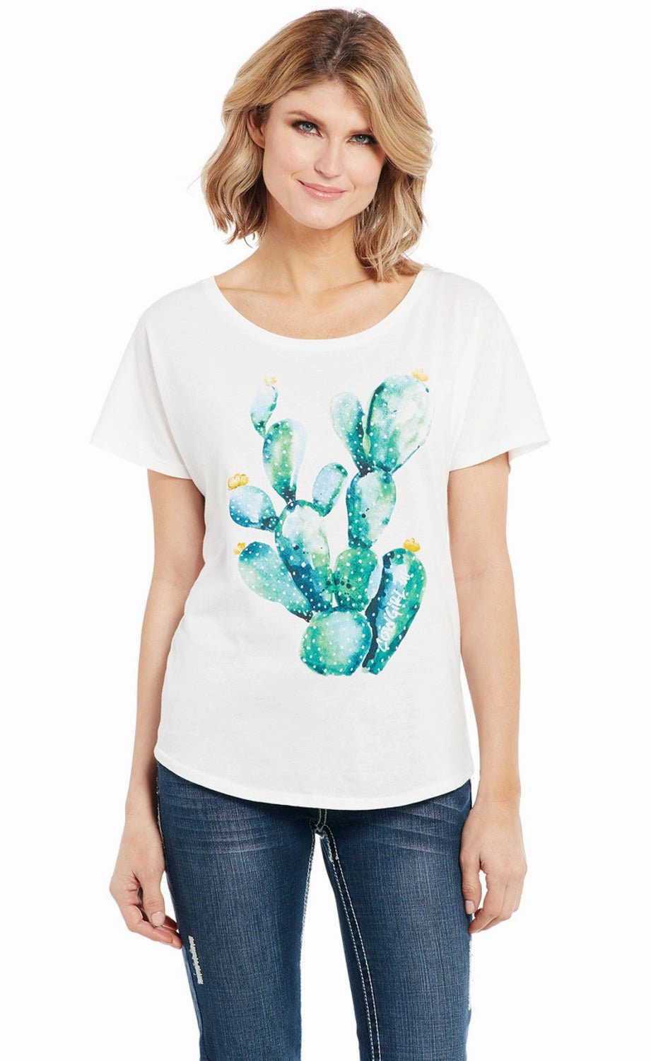 Chic Design Lightweight Material Cowgirl Up Womens Watercolor Cactus White 100% Cotton S/S T-Shirt