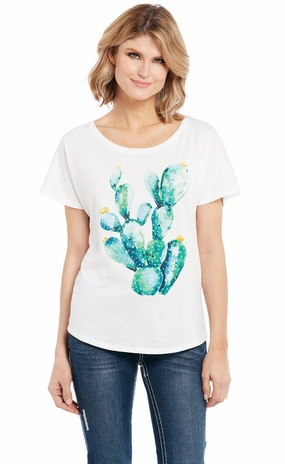 Cowgirl Up Womens Watercolor Cactus White 100% Cotton S/S T-Shirt Geometric Pattern