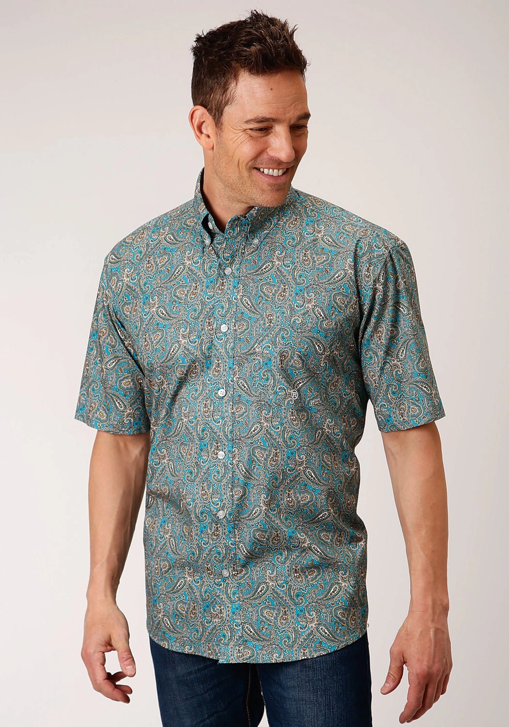 Checkered Look Hooded Neckline Roper Mens Blue 100% Cotton Saddle Paisley BD S/S 1 Pkt Shirt
