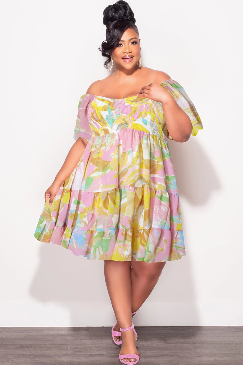 Final Sale Plus Size Smocked Chiffon Baby Doll Dress in Pink & Yellow Print Versatile Look Low Profile Waistband