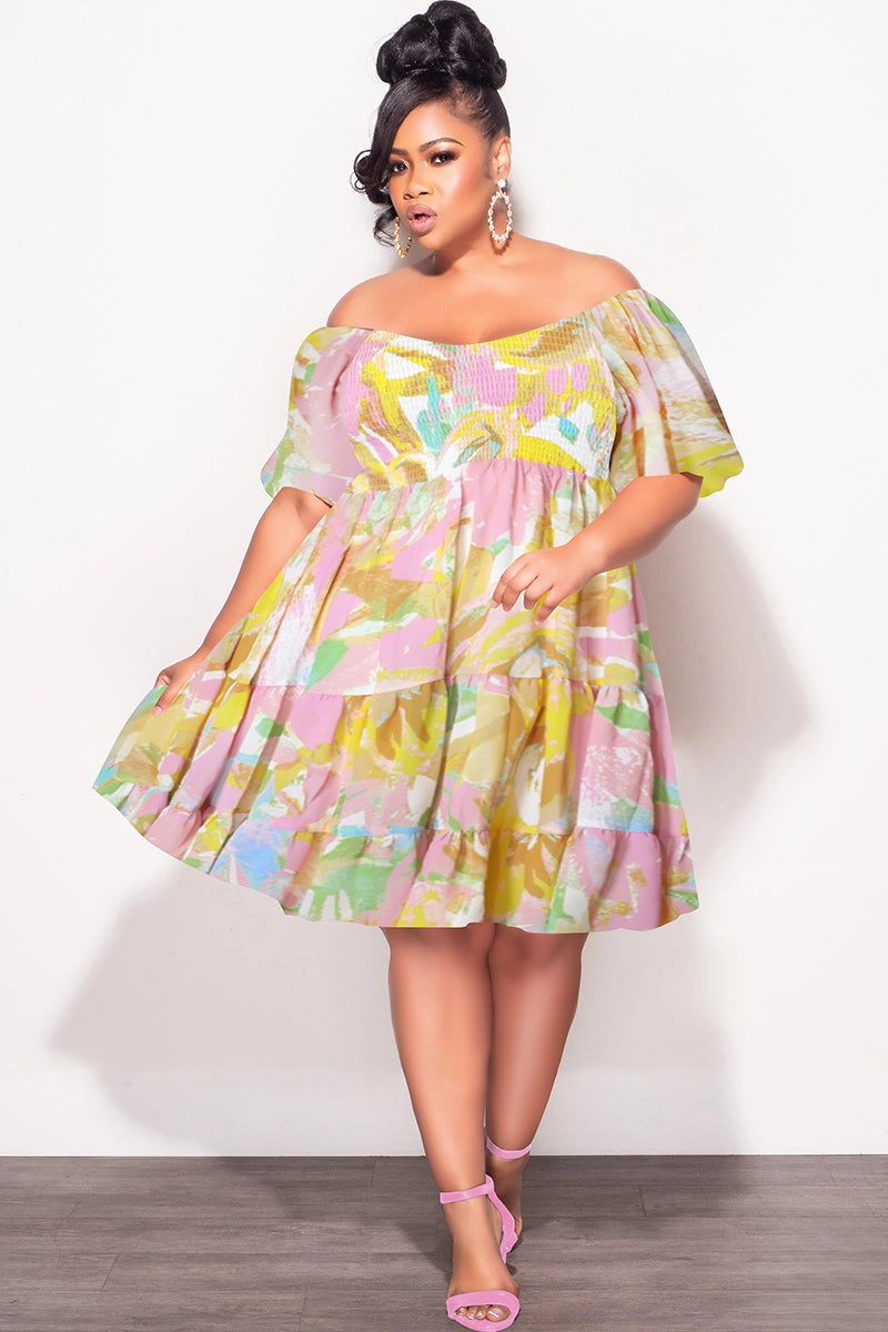 Final Sale Plus Size Smocked Chiffon Baby Doll Dress in Pink & Yellow Print Active Layers