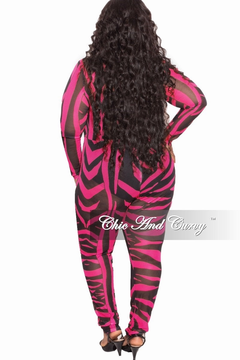 Anti Odor Treatment Fashion Comfort Wear Final Sale Plus Size See Through Mesh Jumpsuit in Black and Hot Pink Zebra Print