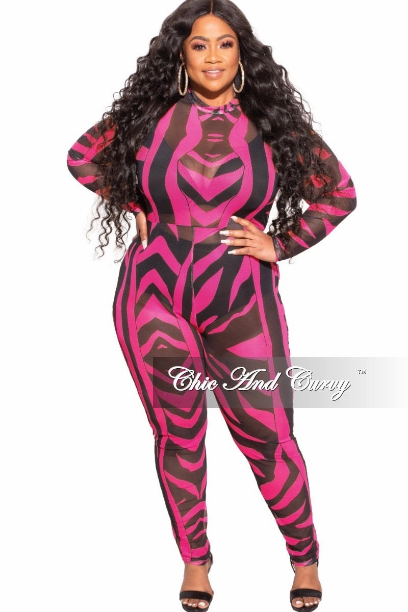Mesh Panel Comfortable Stretch Final Sale Plus Size See Through Mesh Jumpsuit in Black and Hot Pink Zebra Print