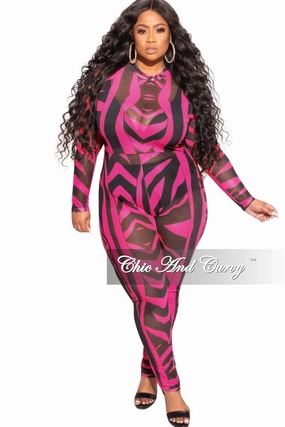 Tough Build Sport Layer Final Sale Plus Size See Through Mesh Jumpsuit in Black and Hot Pink Zebra Print