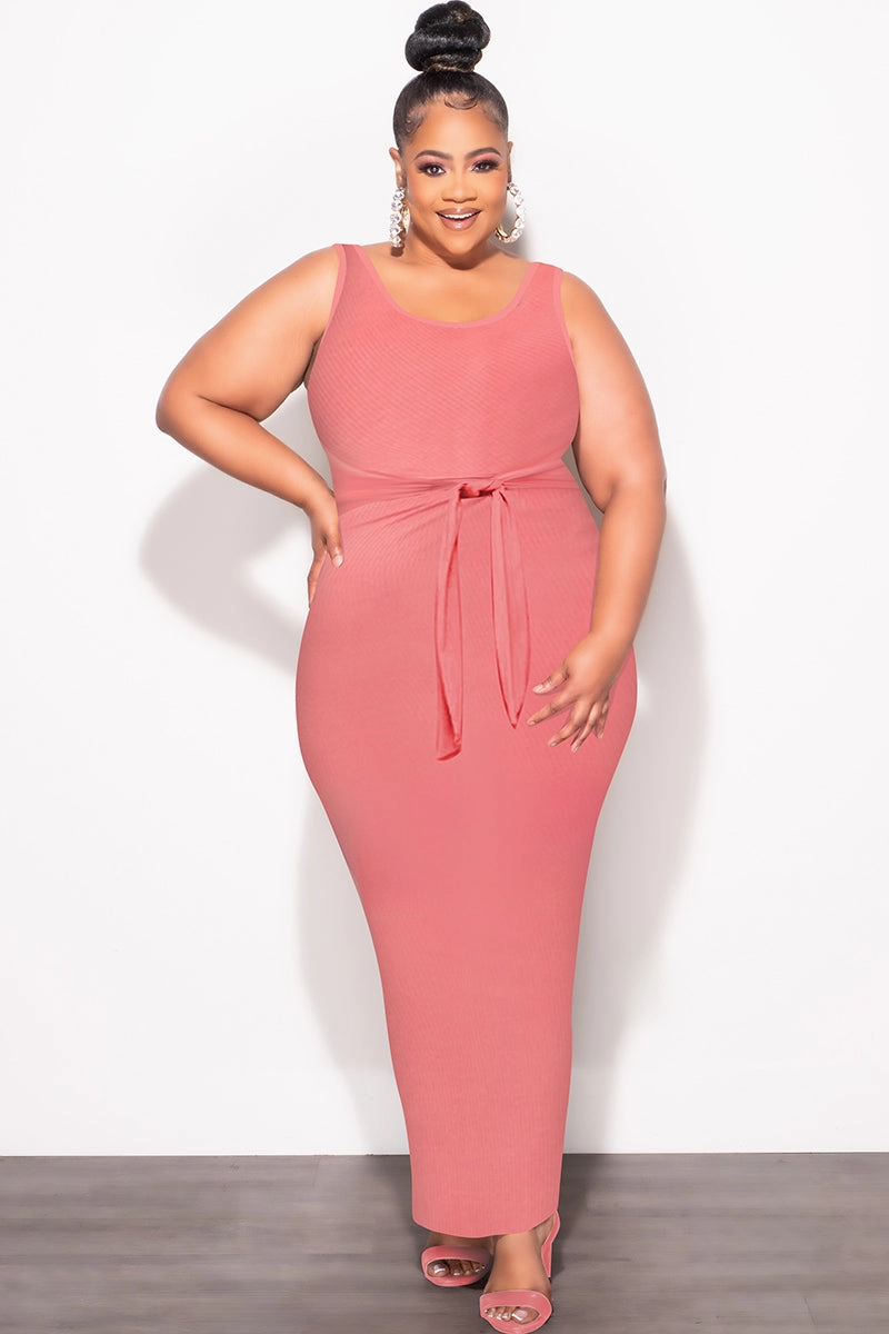 Sweat Wicking Liner Final Sale Plus Size Sleeveless Maxi Dress with Waist Tie in Mauve
