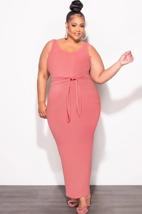 Flat Lock Seams Stretchable Final Sale Plus Size Sleeveless Maxi Dress with Waist Tie in Mauve