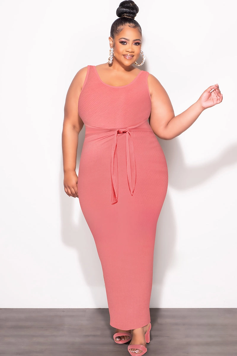 Flat Lock Seams Stretchable Final Sale Plus Size Sleeveless Maxi Dress with Waist Tie in Mauve