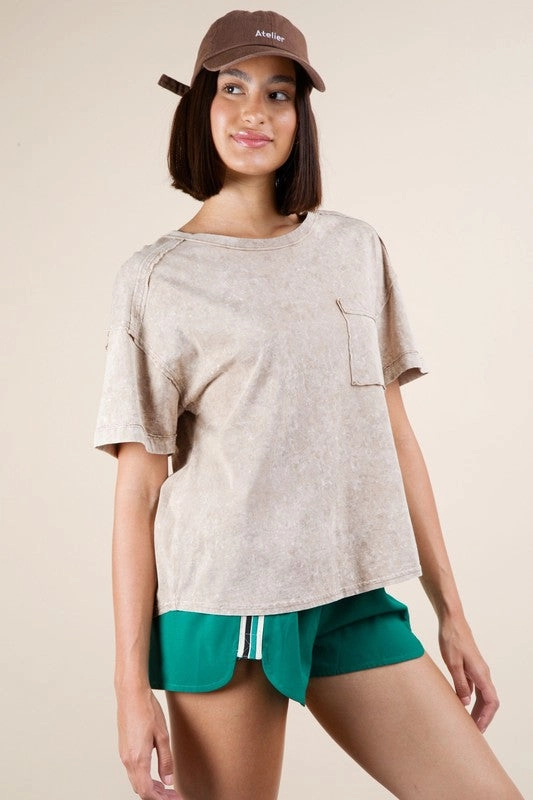 Maggie Mineral Washed Knit Top With Pocket Wear Resistant Fabric