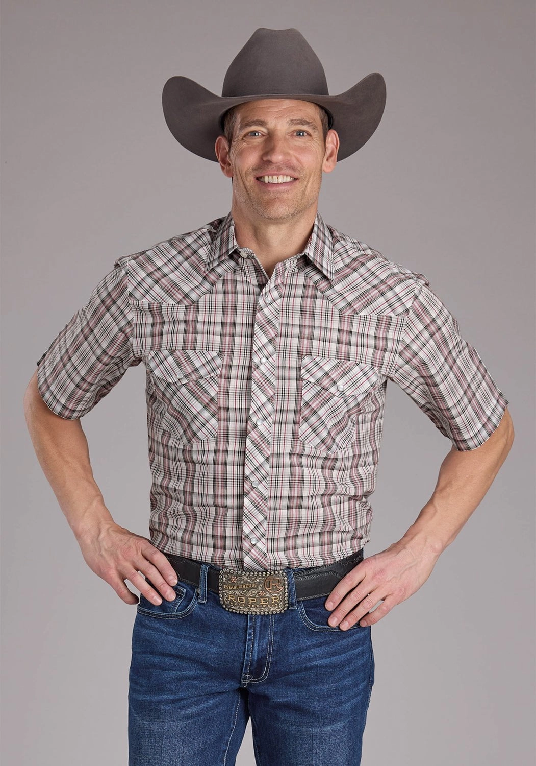 Roper Mens 2409 Plaid White/Grey Cotton Blend S/S Shirt Premium Fabric Non-irritating