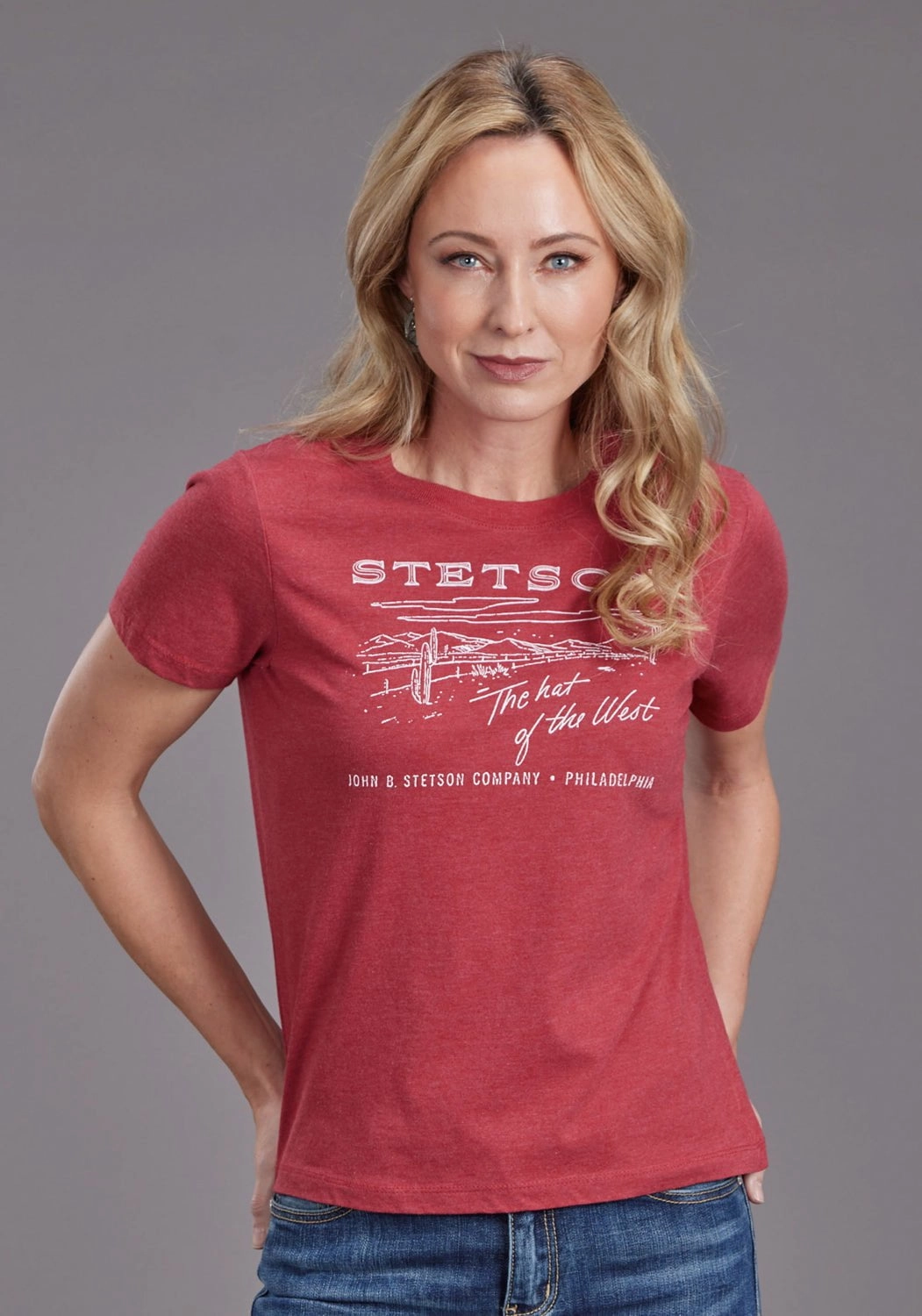 Stetson Womens The Hat Of The West Red Cotton Blend S/S T-Shirt Classic Look