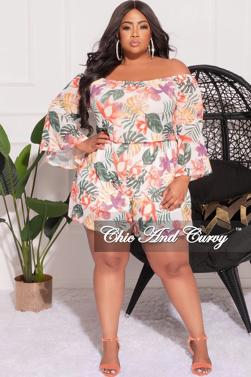 Zero Waste Manufacturing Final Sale Plus Size Mesh Off the Shoulder Bell Sleeve Romper in White Floral Print