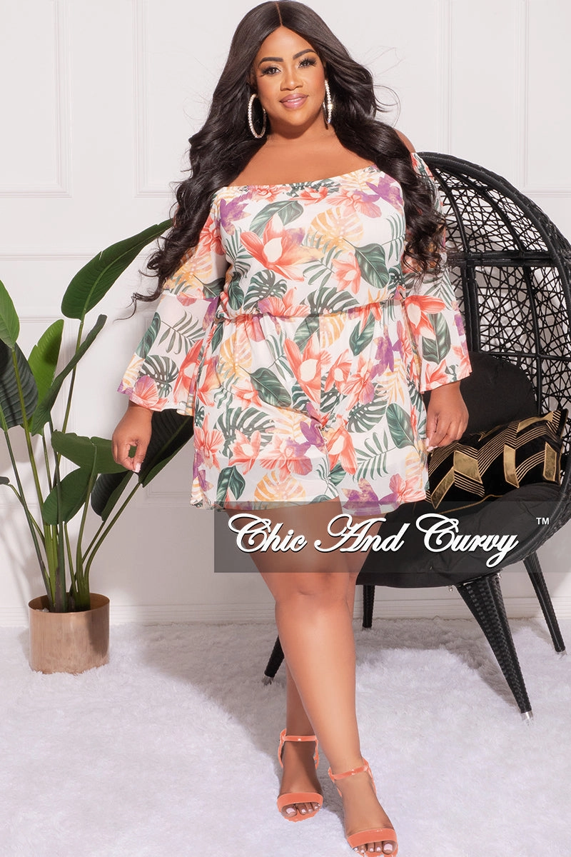 Comfortable Layering No Sagging Final Sale Plus Size Mesh Off the Shoulder Bell Sleeve Romper in White Floral Print