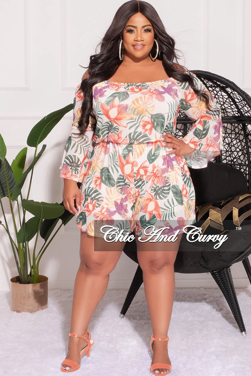Flexible Cut Tight Cut Final Sale Plus Size Mesh Off the Shoulder Bell Sleeve Romper in White Floral Print
