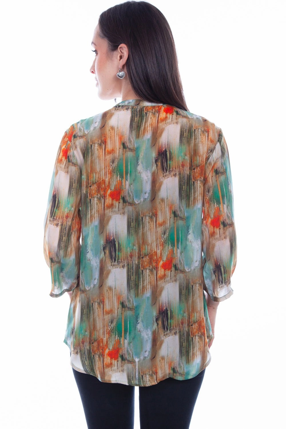 Scully Womens Turquoise Rayon Watercolor S/S Blouse garden party Edgy Design
