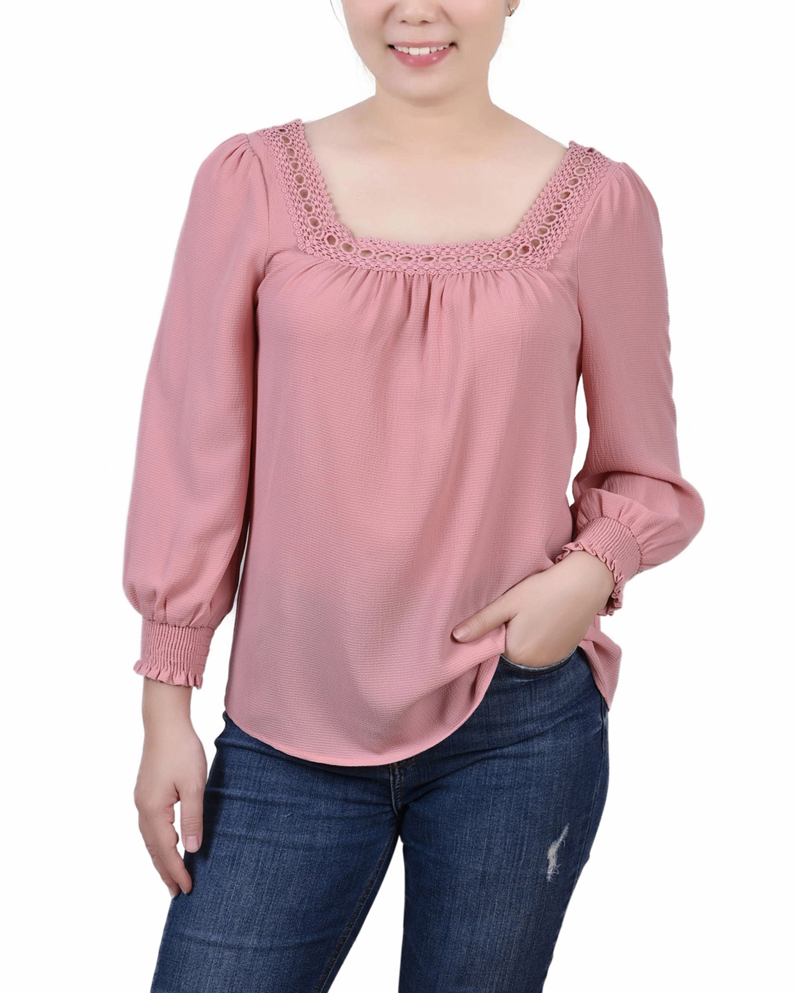 Flex Fit Shoulder Construction AntiSlipGrip Petite 3/4 Sleeve Square Neck Blouse