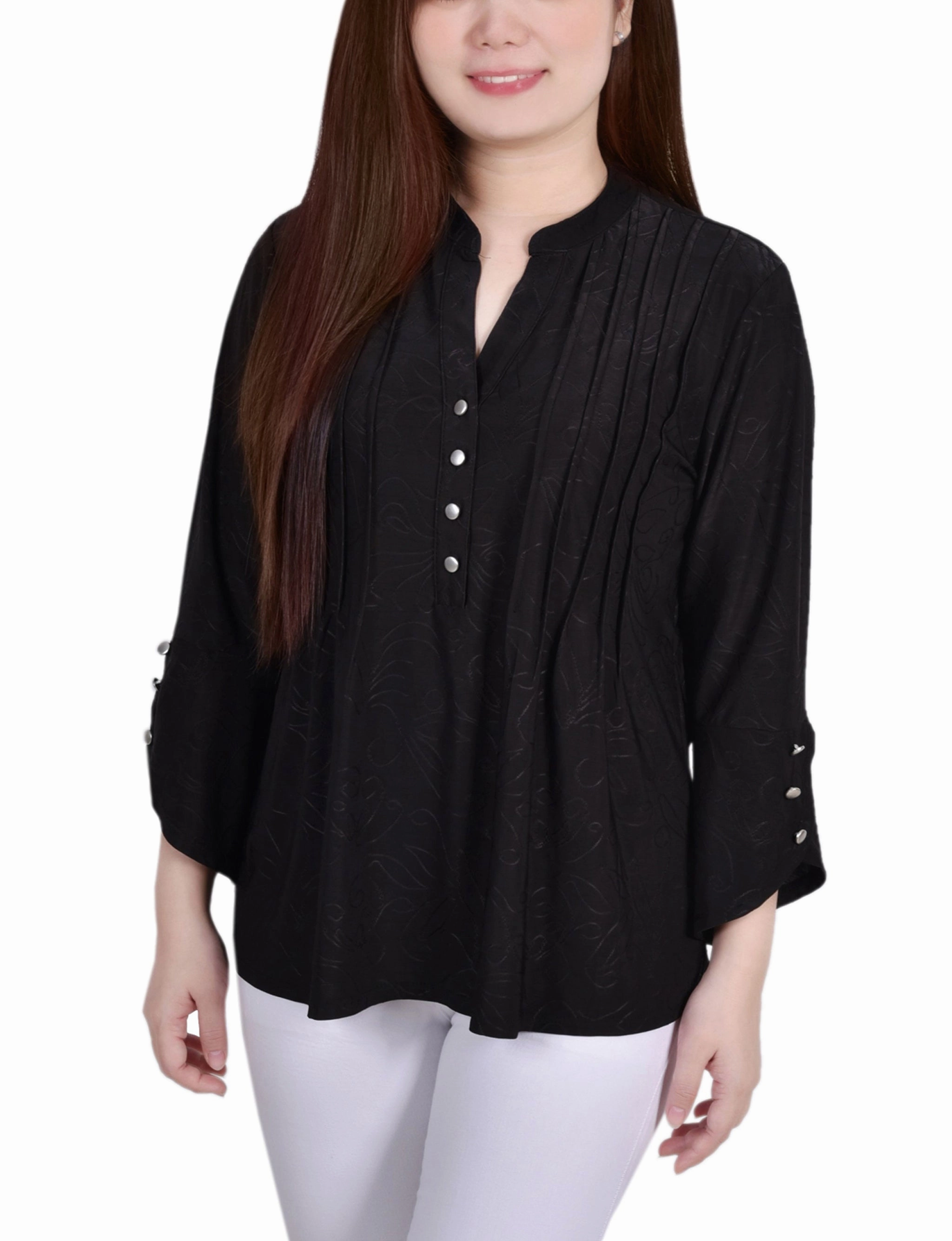 Petite 3/4 Sleeve Overlapped Bell Sleeve Y Neck Top Eco Friendly Dye Process Noise Reducing Fabric Treatment