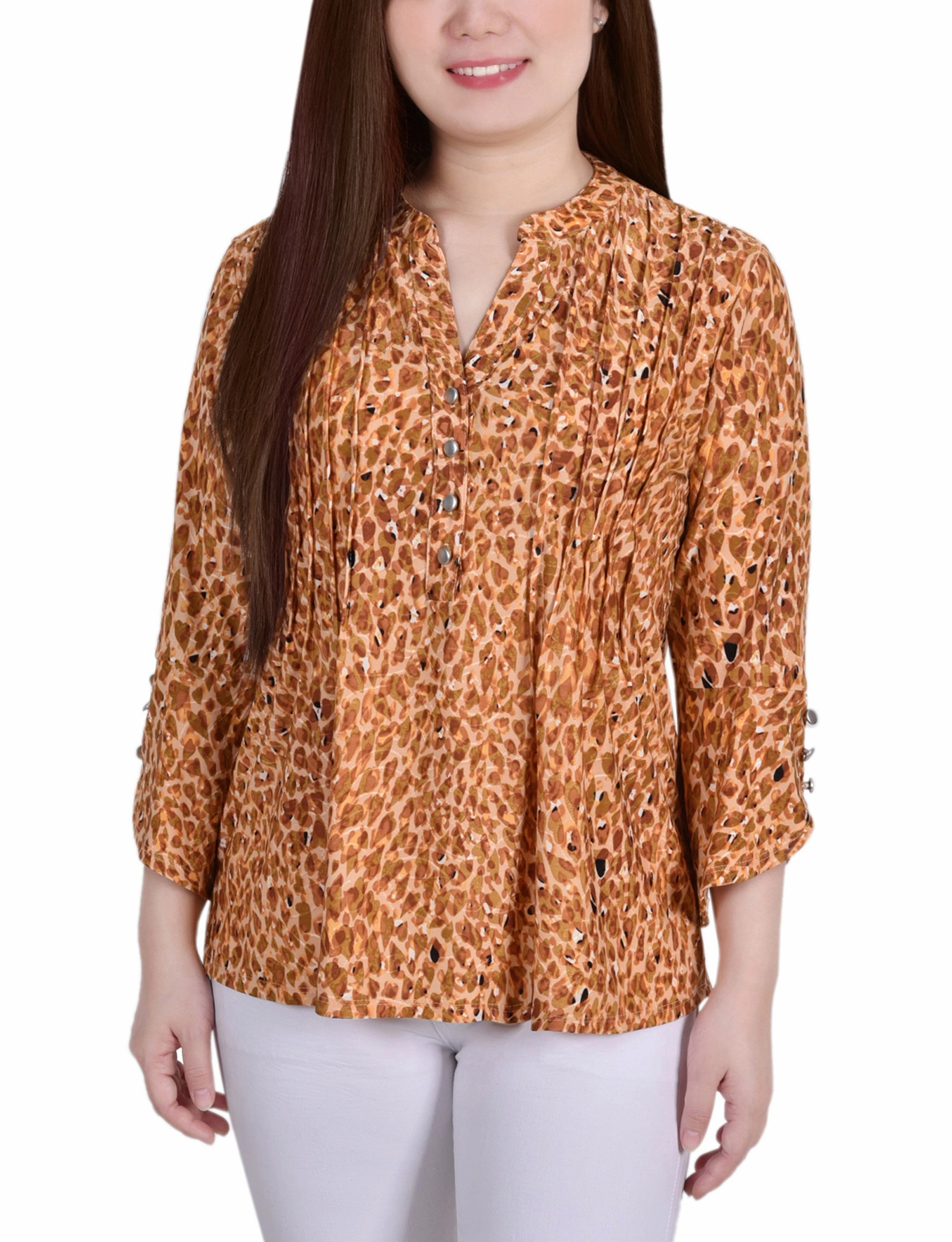 Petite 3/4 Sleeve Overlapped Bell Sleeve Y Neck Top HighElasticity Thread Organic Cotton Blend