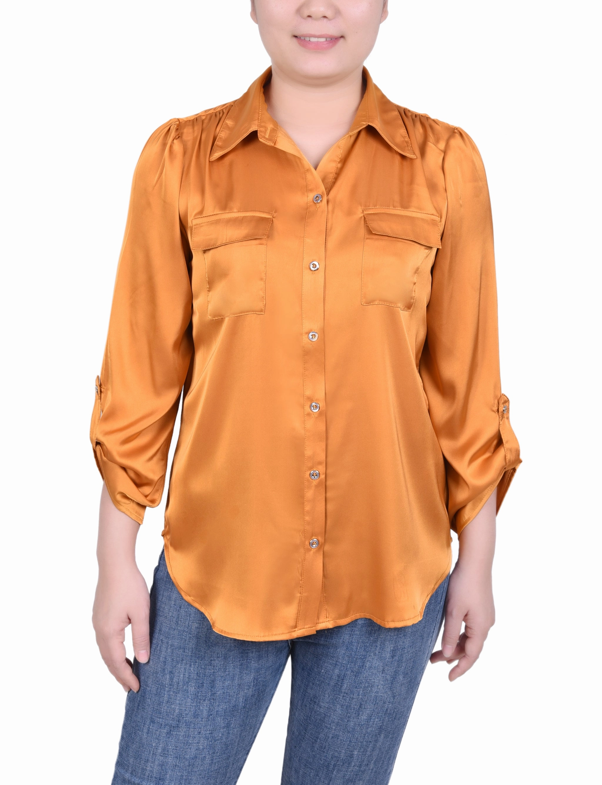 FadeResistantTechnology Ventilated Back Panels Tabbed Long Sleeve Satin Blouse