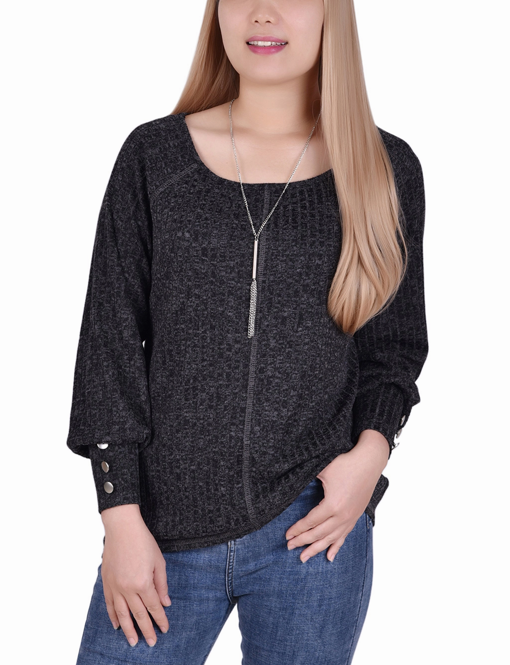 Convertible Design Long Sleeve Ribbed Pullover Top With Detachable Necklace