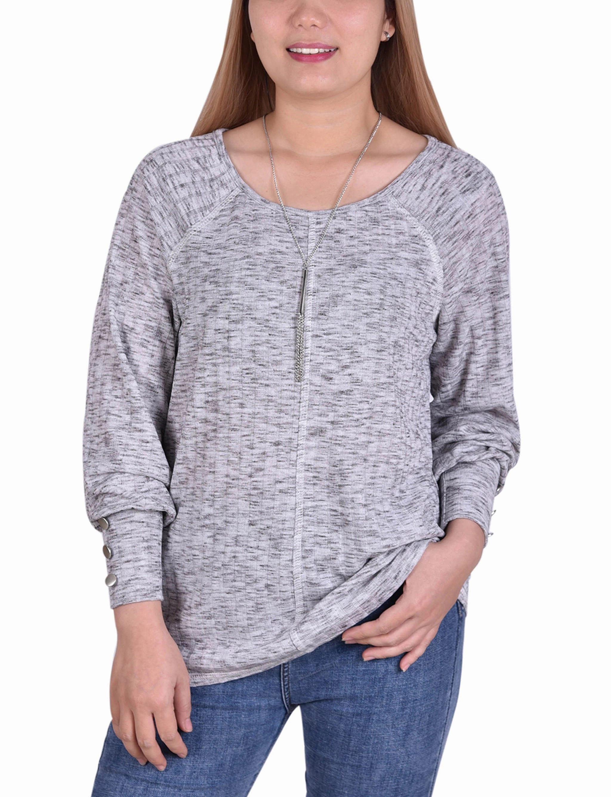 Long Sleeve Ribbed Pullover Top With Detachable Necklace Flexible Knit Blend