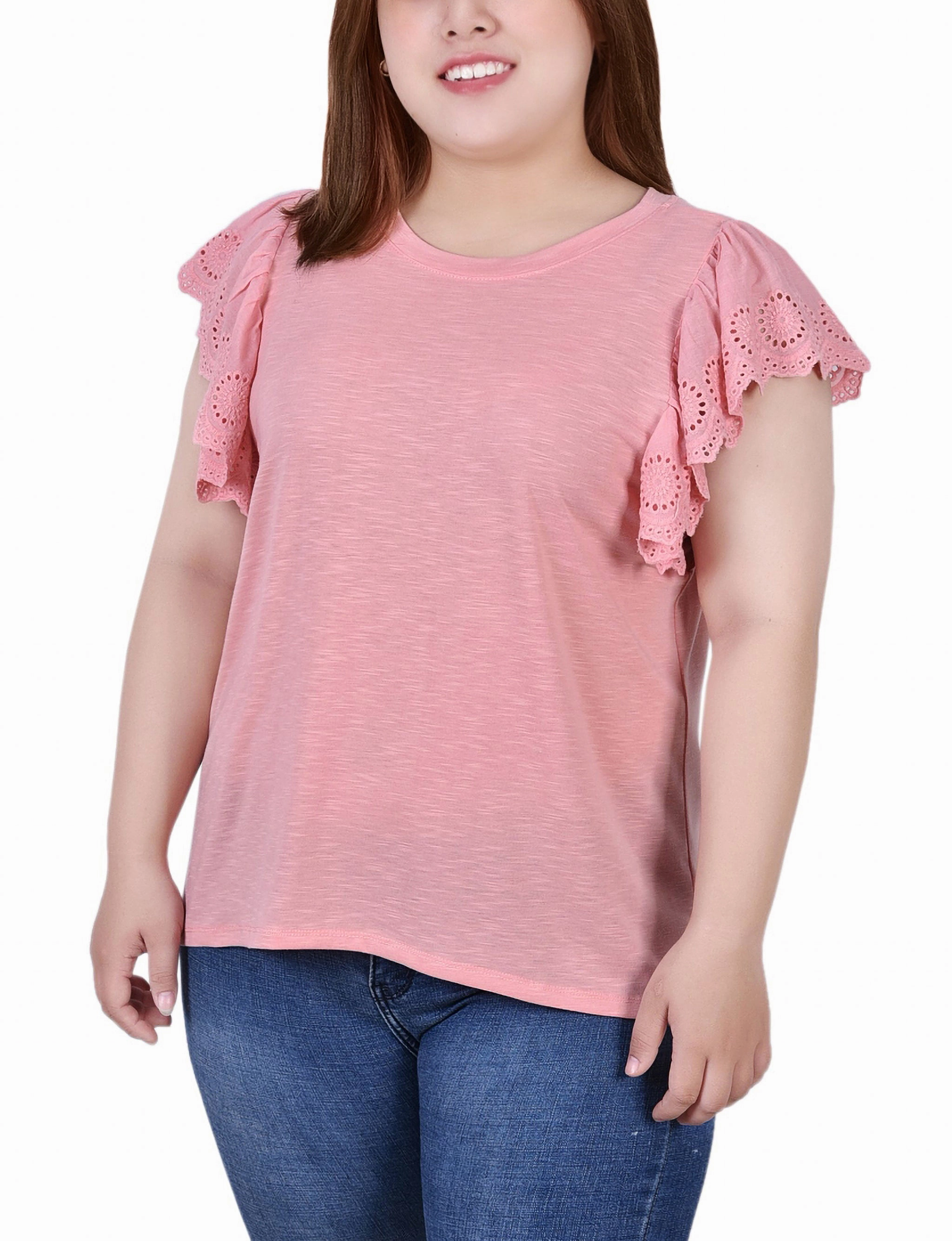 Modern Silhouette ReinforcedShoulderConstruction Plus Size Flutter Sleeve Slub Knit Top