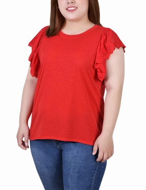 Plus Size Flutter Sleeve Slub Knit Top Flatlock Seams Casual Blouse