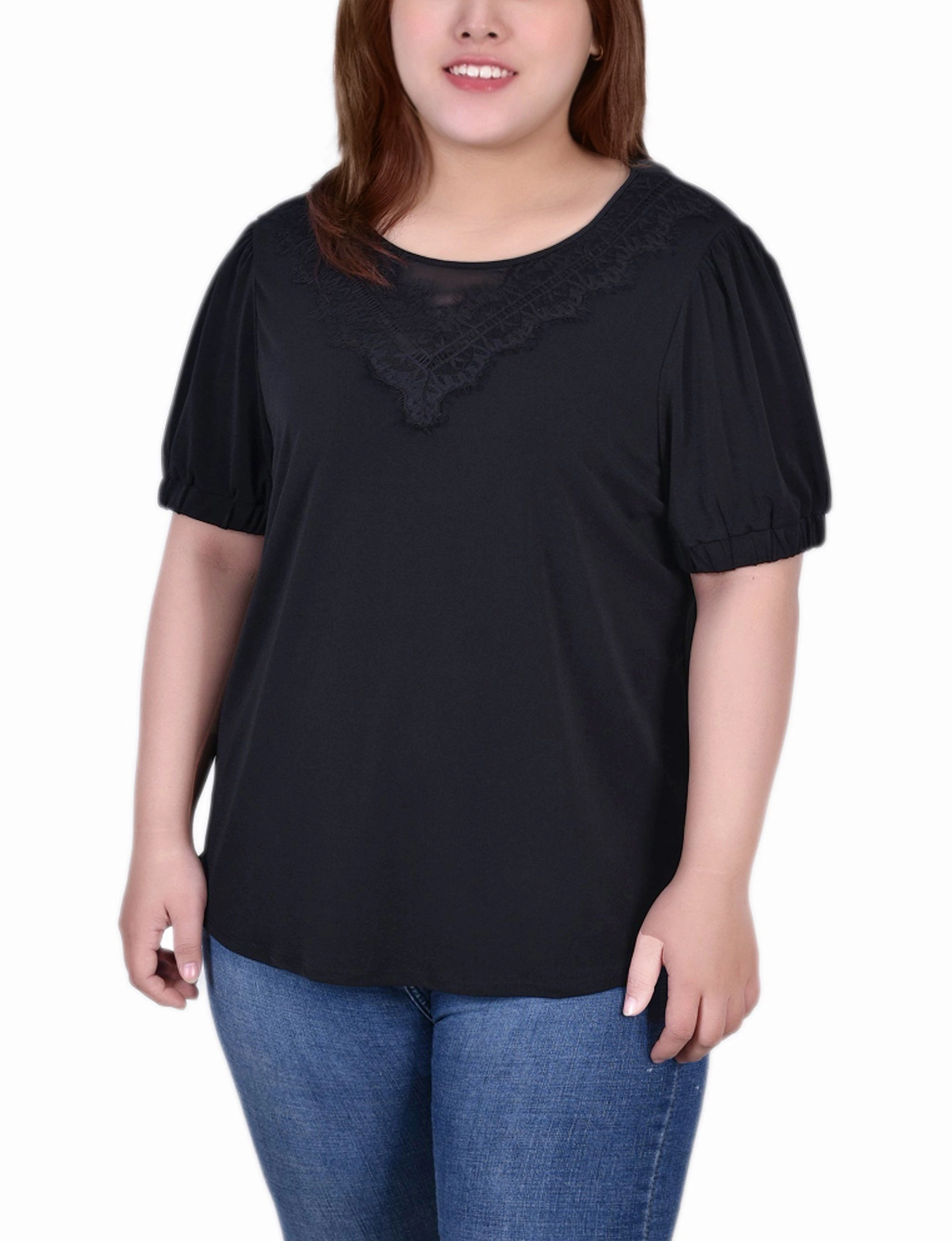 Plus Size Short Puff Sleeve Top With Lace LightweightMaterial NoSlipGripperBand