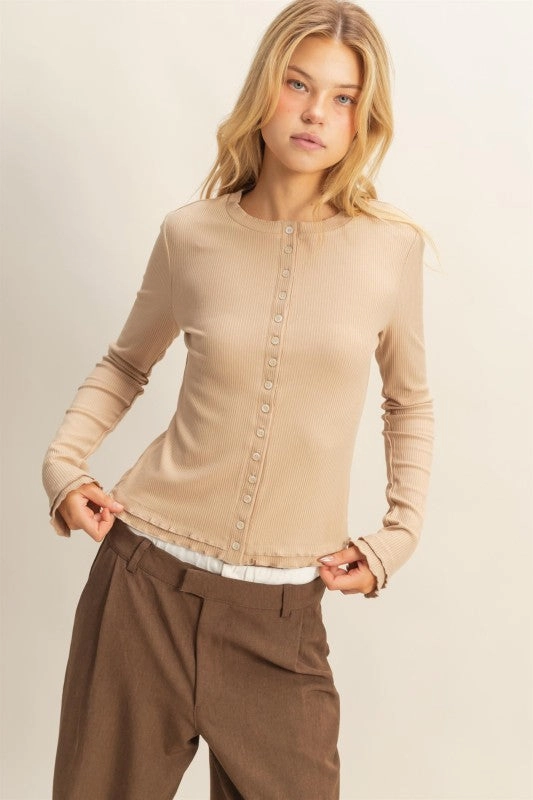 Lorelei Long Sleeve Ribbed Button Down Fashion Knit Top Sporty Blouse