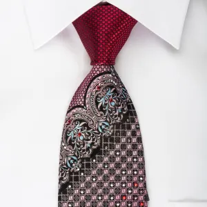 Remizio Silk Rhinestone Tie Cartouche Checker On Burgundy With Silver Sparkles