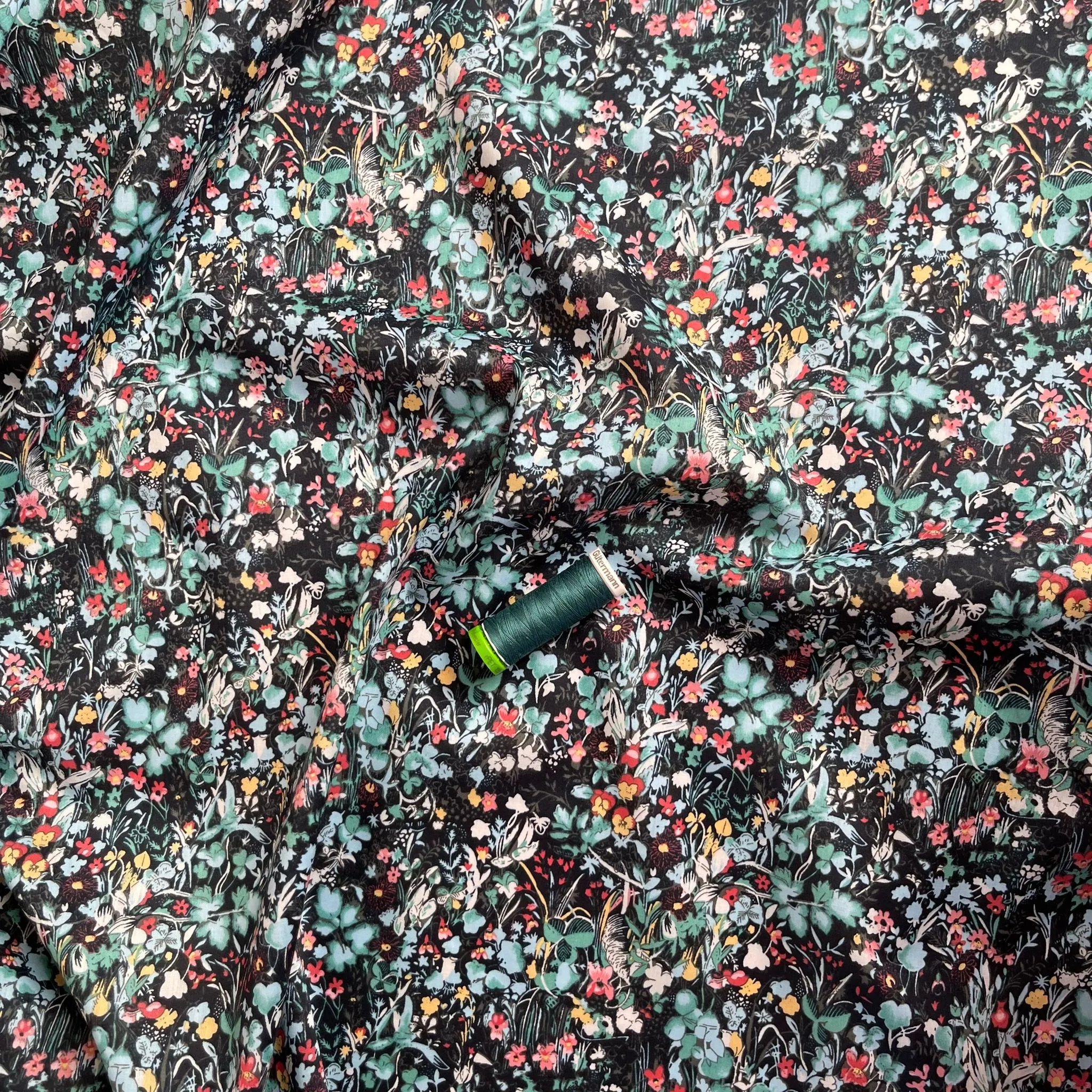 REMNANT 2.98 Metres - Viola Tricolour Black with Teal Cotton Lawn Fabric
