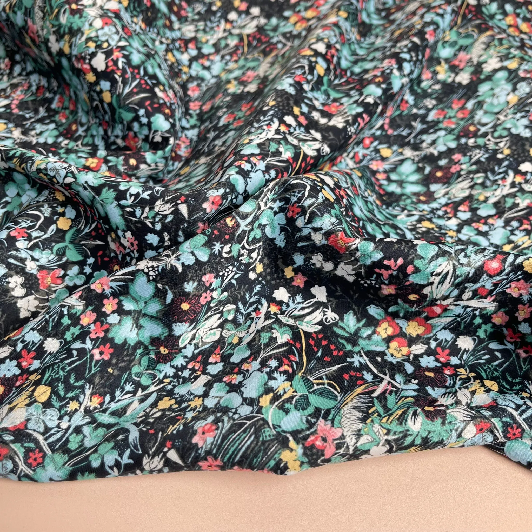 REMNANT 2.98 Metres - Viola Tricolour Black with Teal Cotton Lawn Fabric