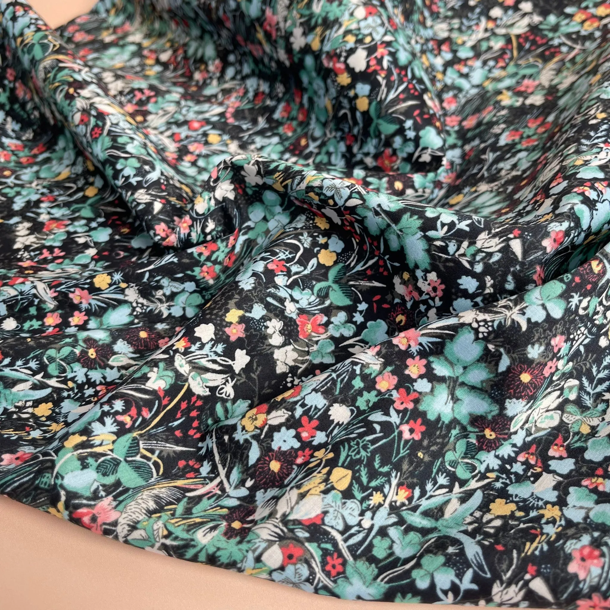 REMNANT 2.98 Metres - Viola Tricolour Black with Teal Cotton Lawn Fabric