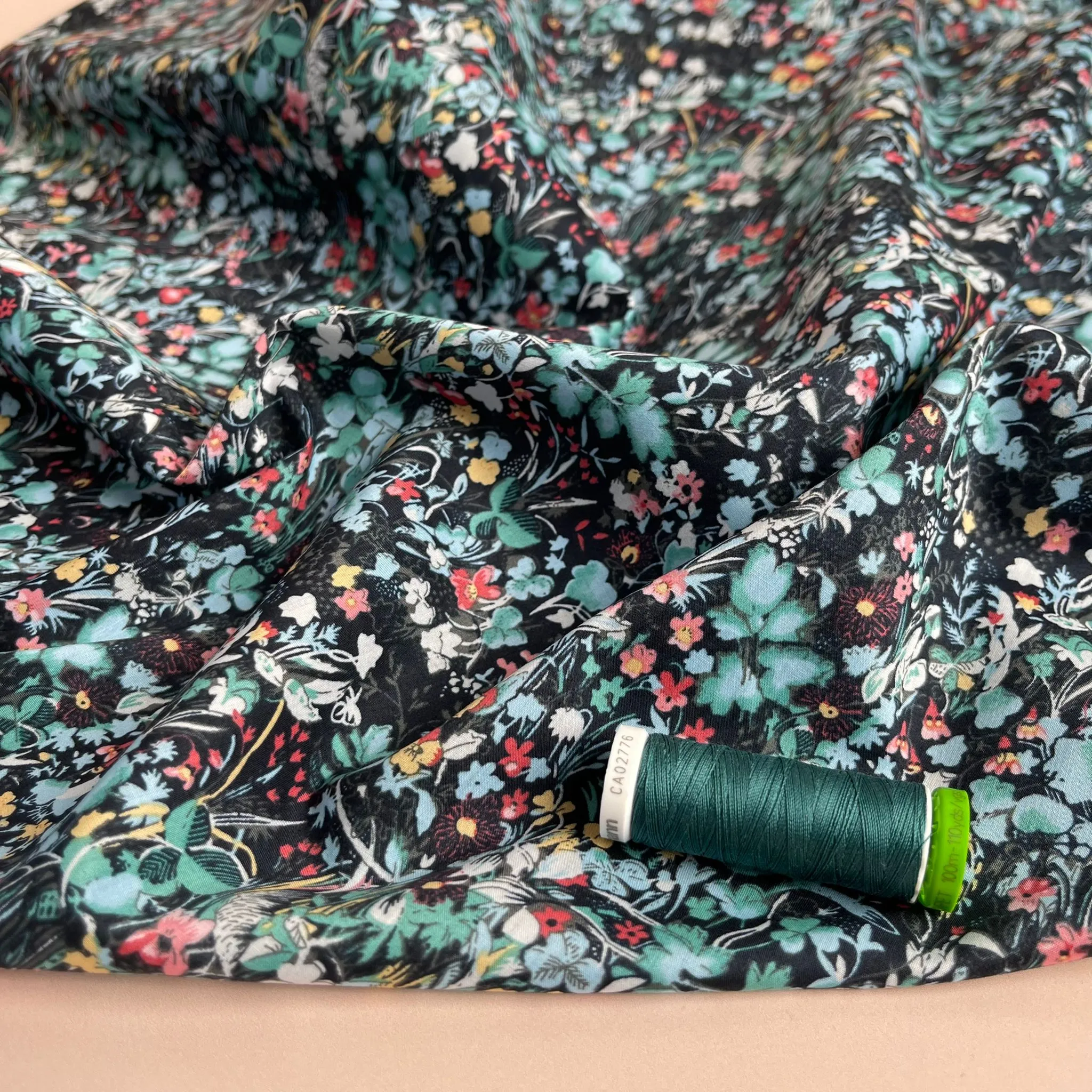 REMNANT 2.98 Metres - Viola Tricolour Black with Teal Cotton Lawn Fabric
