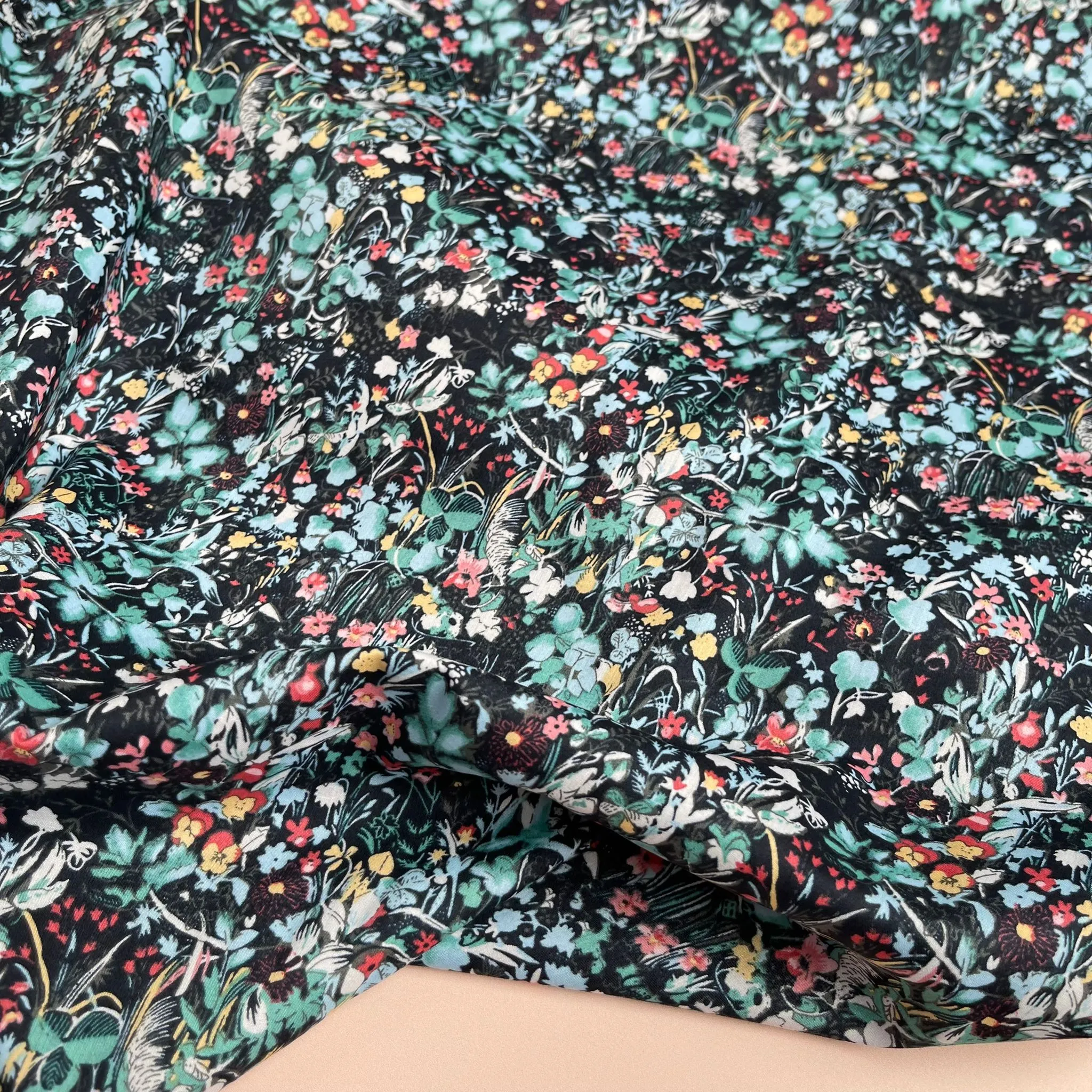REMNANT 2.98 Metres - Viola Tricolour Black with Teal Cotton Lawn Fabric