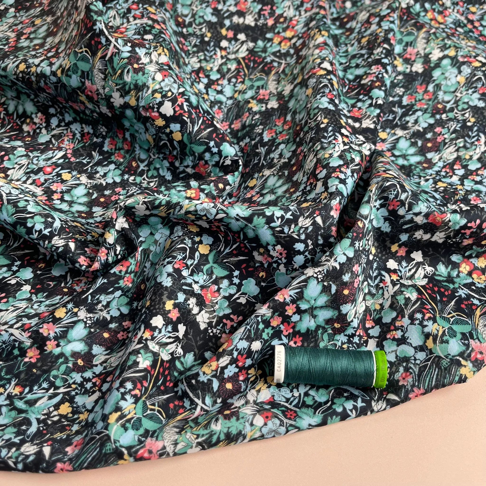 REMNANT 2.98 Metres - Viola Tricolour Black with Teal Cotton Lawn Fabric