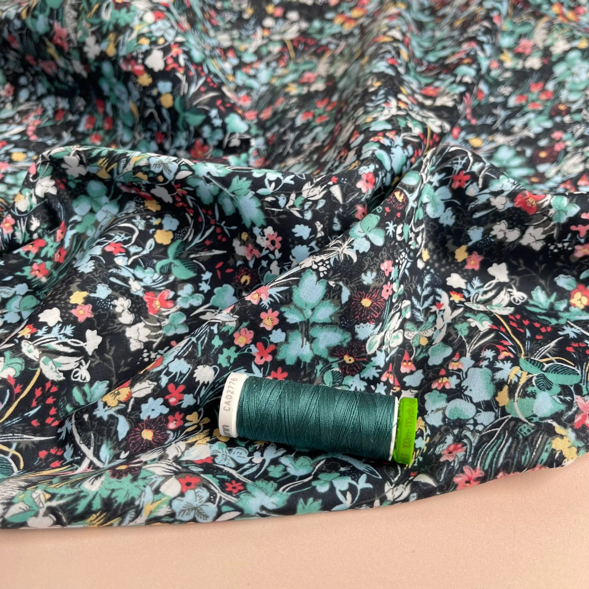 REMNANT 2.98 Metres - Viola Tricolour Black with Teal Cotton Lawn Fabric