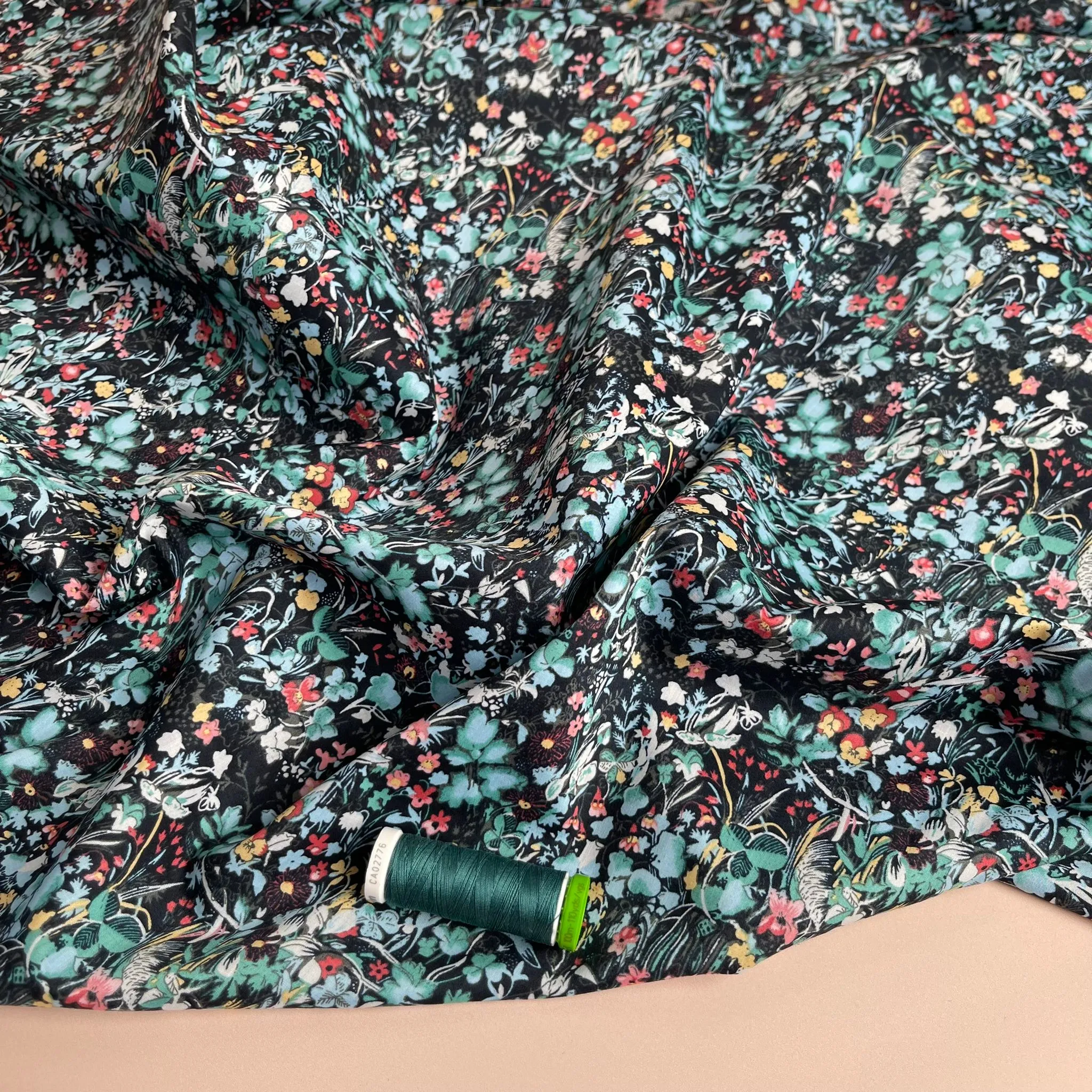 REMNANT 2.98 Metres - Viola Tricolour Black with Teal Cotton Lawn Fabric