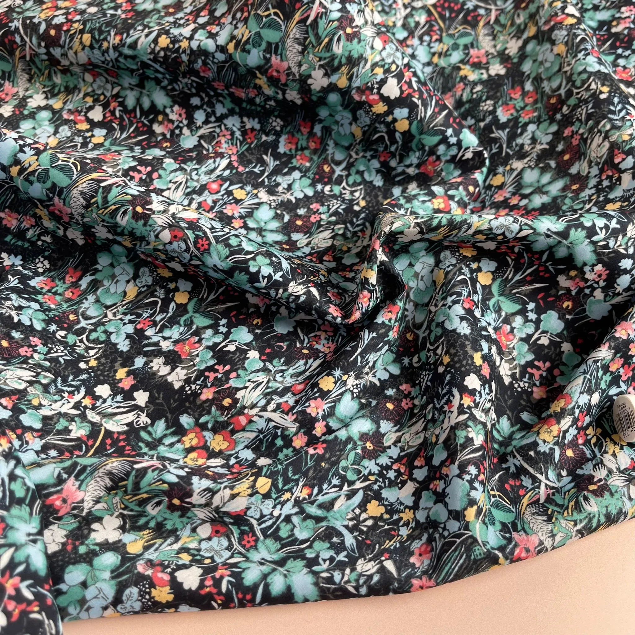 REMNANT 2.98 Metres - Viola Tricolour Black with Teal Cotton Lawn Fabric