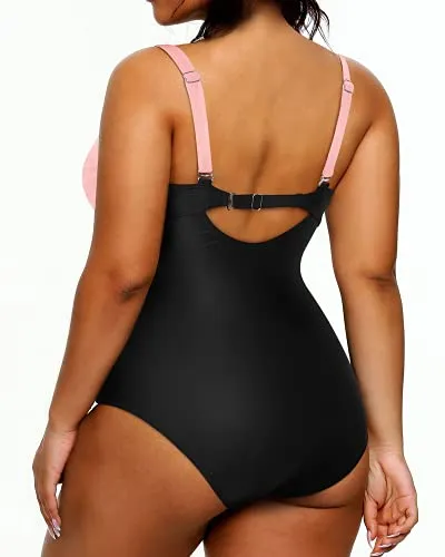 Removable Padding Enhance Appearance Plus Size Swimsuit For Women-Pink And Black