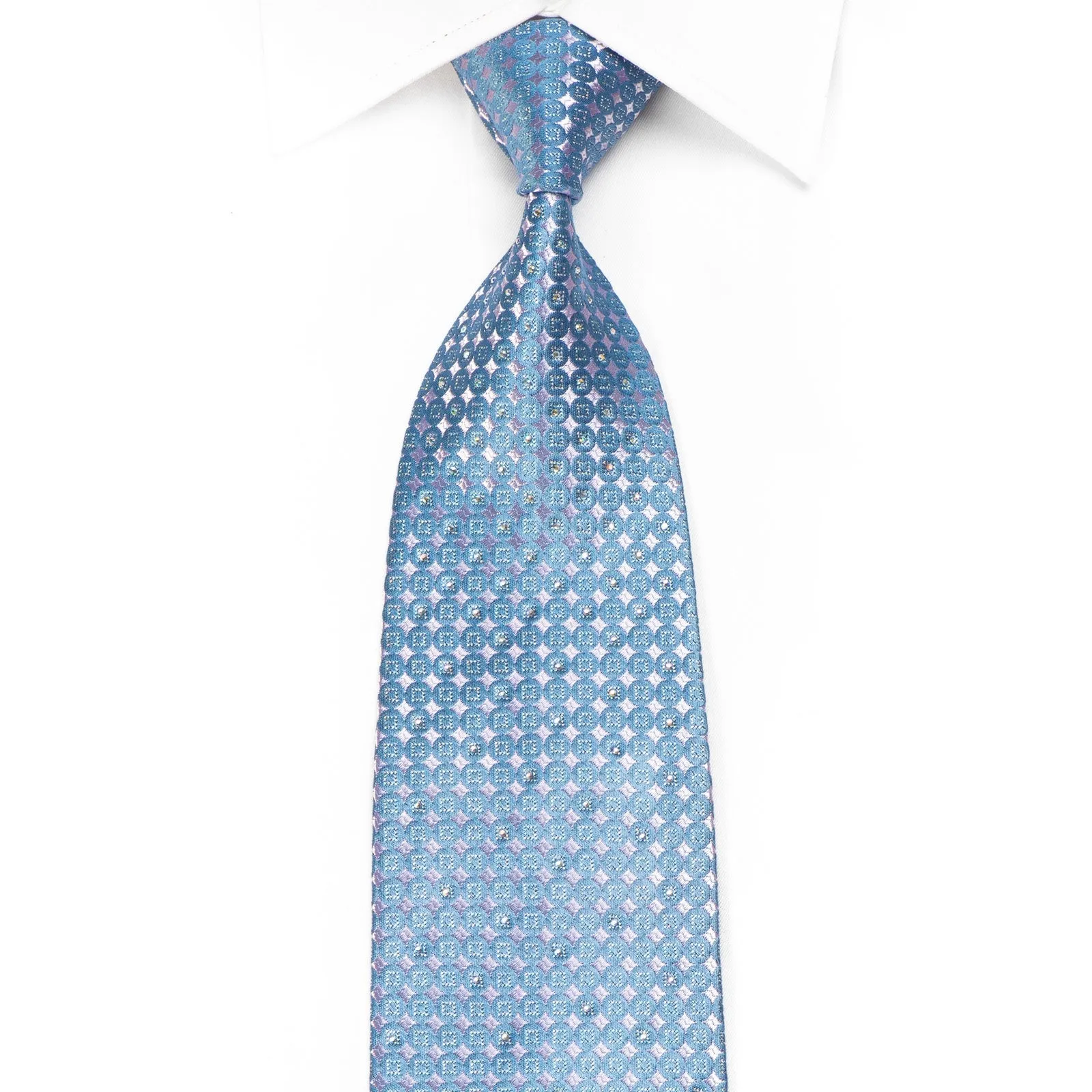 Renoma Men's Crystal Silk Necktie Mauve Geometric On Blue With Silver Sparkles