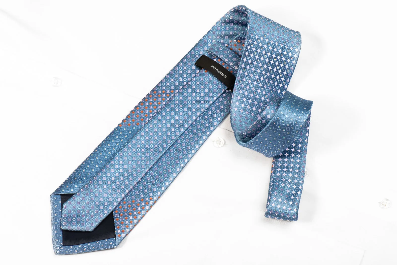 Renoma Men's Crystal Silk Necktie Mauve Geometric On Blue With Silver Sparkles